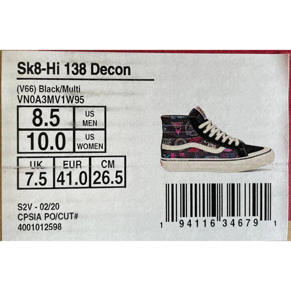 NWT Vans Sk8-Hi 138 Decon Sneaker V66 Black Multi Size M8.5 W10.0 VN0A3MV1W95 - Picture 7 of 7